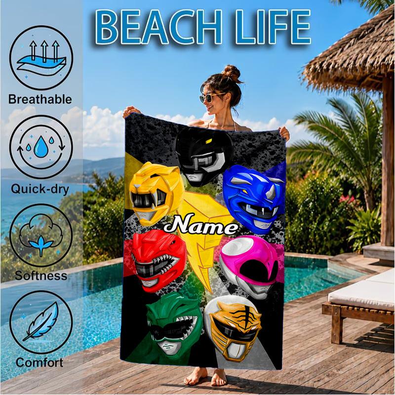 Custom Name Power-Rangers Heroes Beach Towel Microfiber Beach Towel, Lightweight and Quick-Dry, for Summer Travel, Swimming Pool Gift