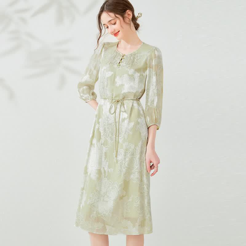 Snowforte Women s Silk Jacquard Lantern Sleeve Midi Dress M