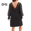 Plus Size Dress V-Neck Hollow Lace Stitching Flared Long Sleeve High Waist Mini Dress Solid Color Casual Mini Dress