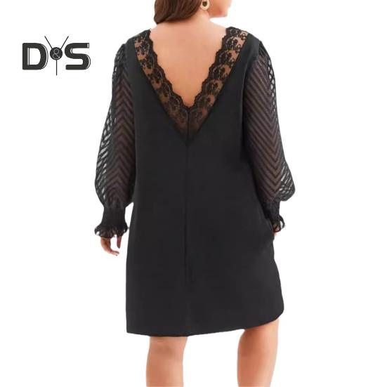 Plus Size Dress V-Neck Hollow Lace Stitching Flared Long Sleeve High Waist Mini Dress Solid Color Casual Mini Dress