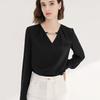 Fashion Elegant V Neck Chain Design Women Satin Shirt 2025 Spring Autumn Loose Long Sleeve Black Office Blouse Casual Simple Ladies Tops
