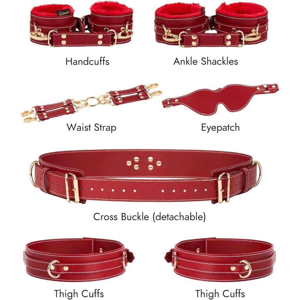 6PCS BDSM Bondage Restraints Kit, Adjustable Handcuffs Ankle Cuffs Thigh Cuffs Blindfold Waist Strap Cross Strap, Soft Comfortable Bondage Set for