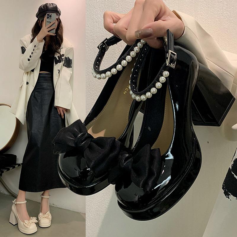 Fashion Women Fad Mary Jane Leather Shoe Thick Soles Increase Height Lolita Shoe Elegant Bowknot Pumps Women Banquet Party Shoes Tacones