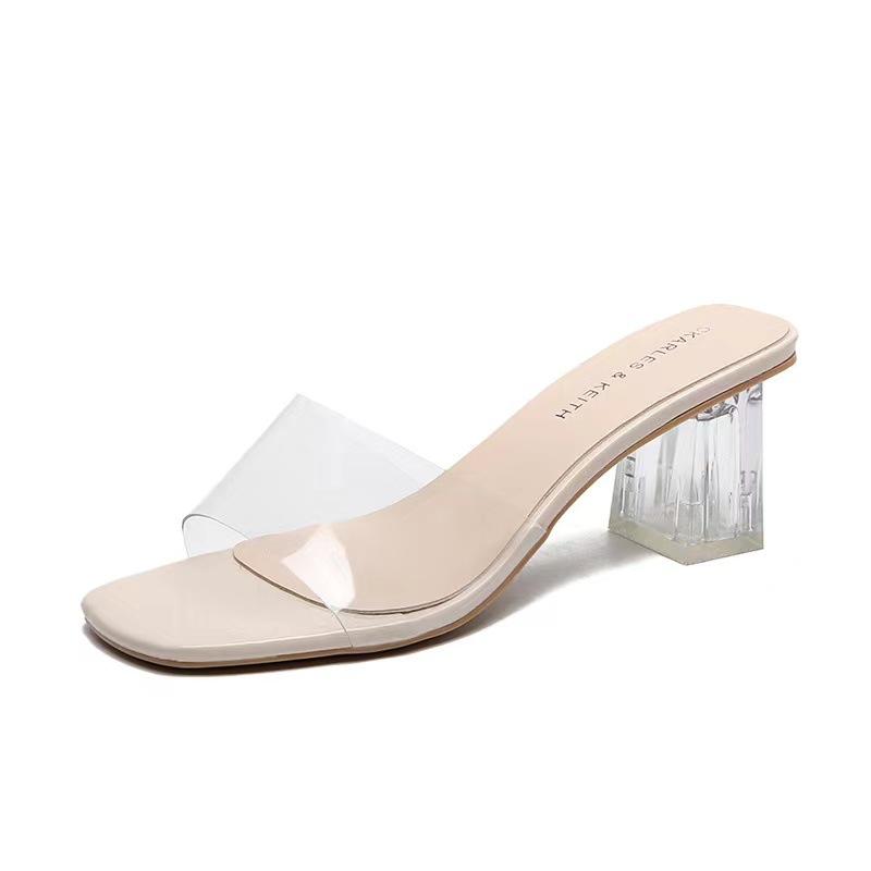 Popular  Crystal Clear Transparent Heel Slippers Female Shoes Middle Heels Comfortable New Summer Women Popular Mules Slides 42