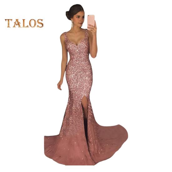 

Женское вечернее платье с глубоким V-образным вырезом, разрезом по низу, блестками, узким подолом, застежкой-молнией сзади, без рукавов, выпускное коктейльное платье длиной до пола, бальное платье M розовый