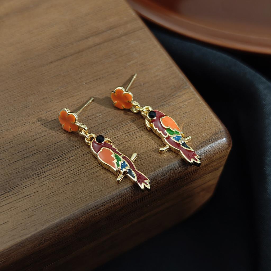 Vintage Fashion Court Bird Flower Colored Parrot Earrings Personality Trend Niche High-End Earrings