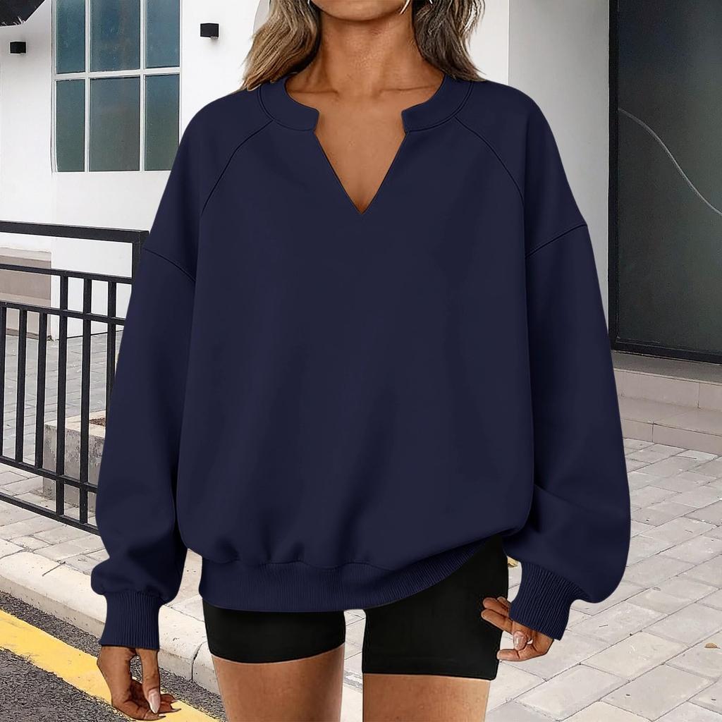 Women's Fashionable Solid Color V-neck Long Sleeved Sports Casual Pullover Sweatshirt Top