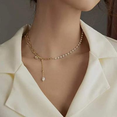 14K Gold Plated Copper Asymmetric Link Chain Choker with Freshwater Pearl Charm Necklace for Women Gift