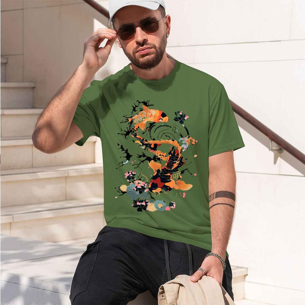 Koi Swimming Around Flowers Printing Unisex T Shirt All Tee Summer Clothes Comfortable Loose Male Short Sleeve 2026 New Model