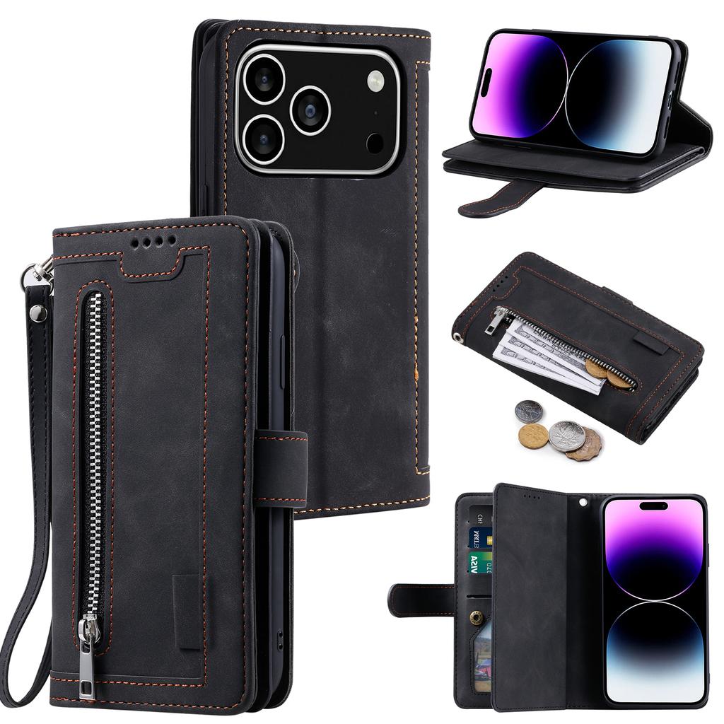 For iPhone 17 Pro Case 9 Card Slots Zipper Wallet PU Leather Phone Cover with Wrist Strap