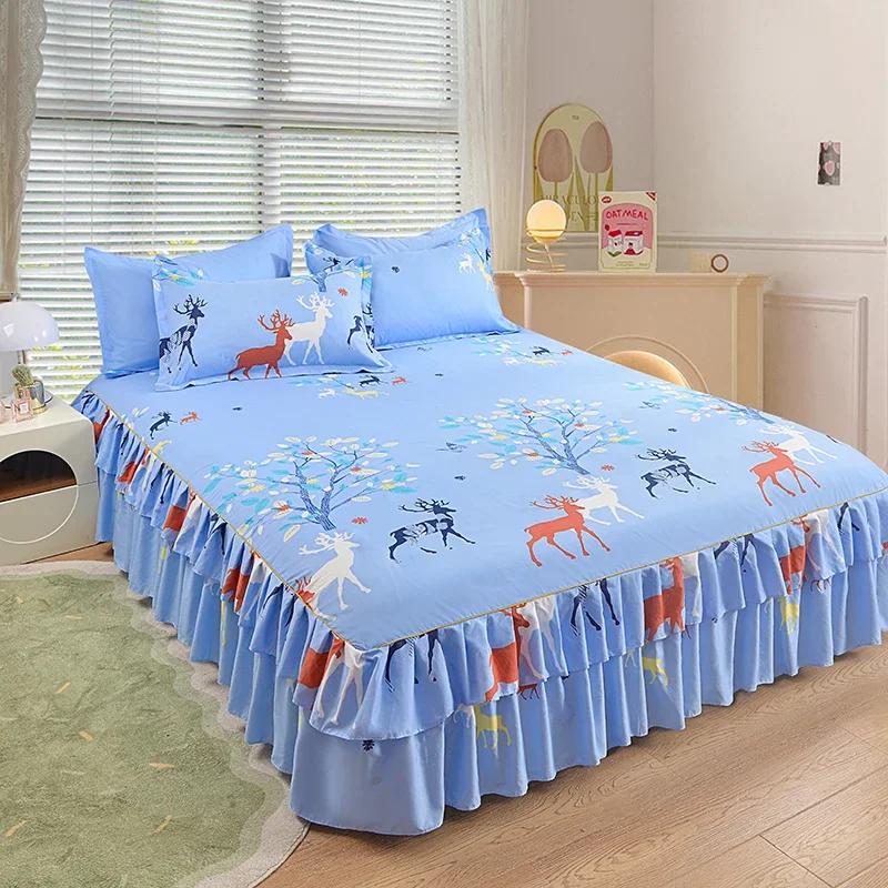 Nordic Floral Queen Bed Skirt Without Pillowcase Double Single Mattress Cover Anti-slip Full Size Adjustable Bedspread 360°Warp