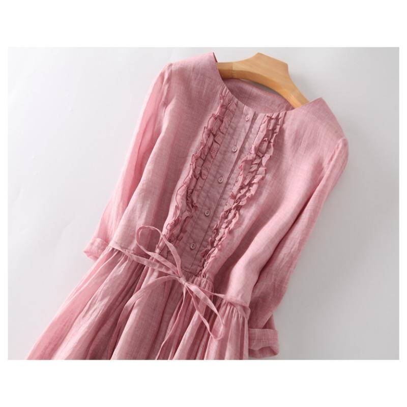 Summer Cotton and Linen Round Neck Lace Up Mid Length Dress