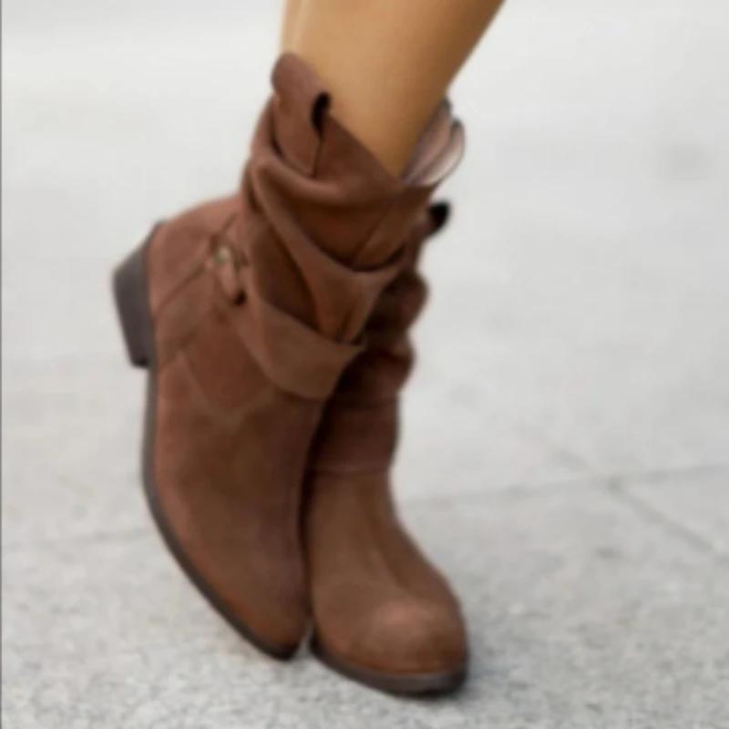 Stivaletti da Donna Autunno e Inverno Nuovo Stile Europeo Americano 34-43 Punta Tonda Tacco Basso Scamosciato Gambale Basso Stivali da Donna