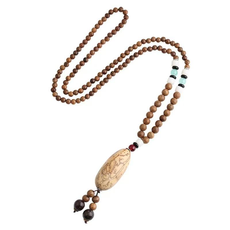 Stile Etnico Retrò Catena Lunga per Maglione Ciondolo in Pietra Bodhi con Diamante Collana con Perline di Legno Ciondolo in Cotone e Lino Tibetano Collana con Perline di Buddha