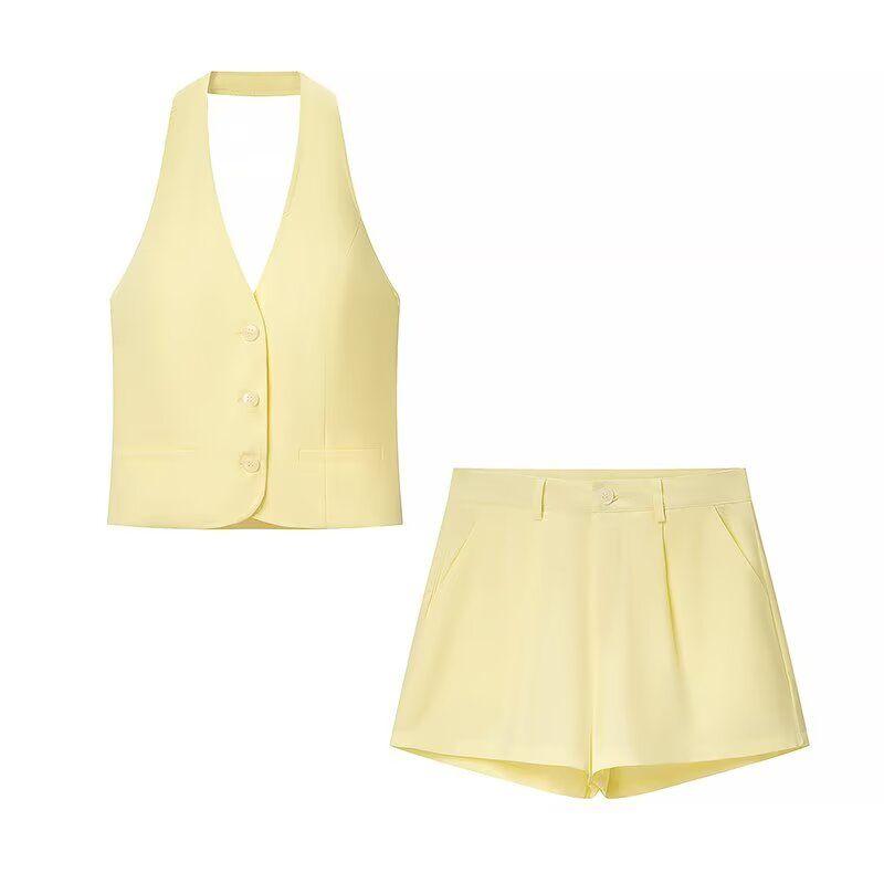 Kaslead New Arrival Women's Clothing Fashion Style Fashion V Neck Sleeveless Halter Vest Shorts Two-piece Set