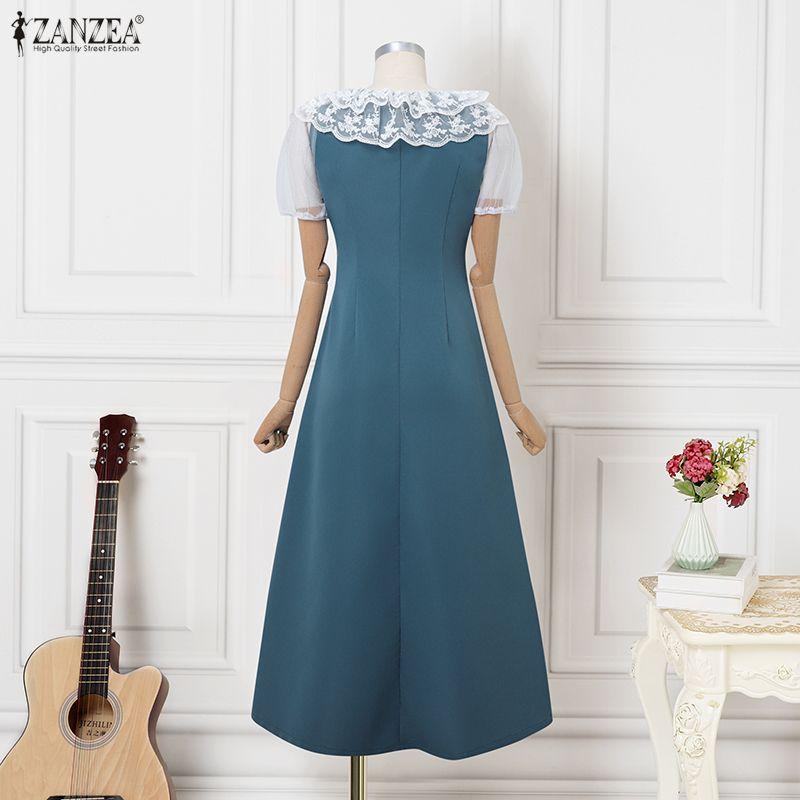 ZANZEA Women Lace Patchwork Round Neck Casual Short Sleeve Long Dress