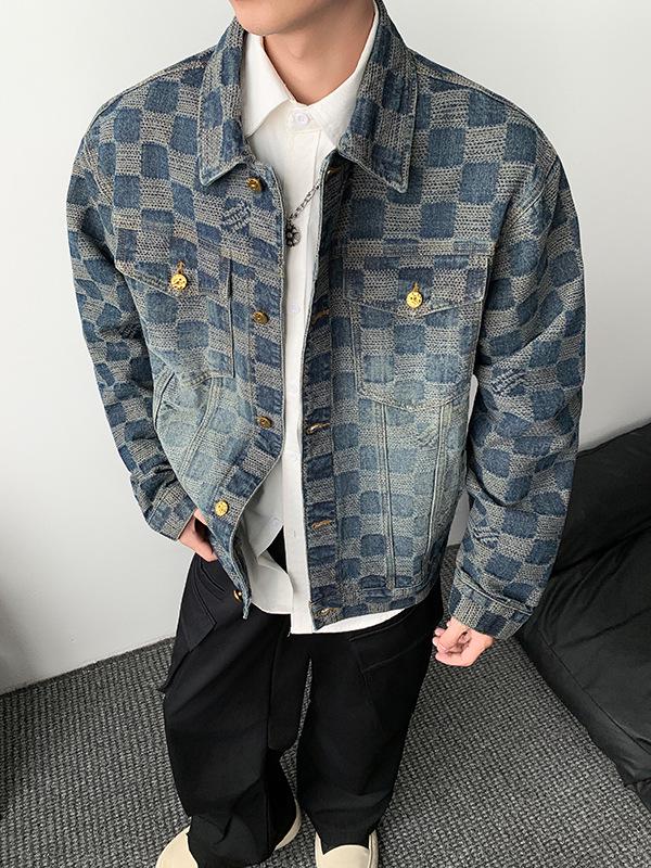 Checkered Light Luxury Unisex Denim Jacket for Spring & Autumn