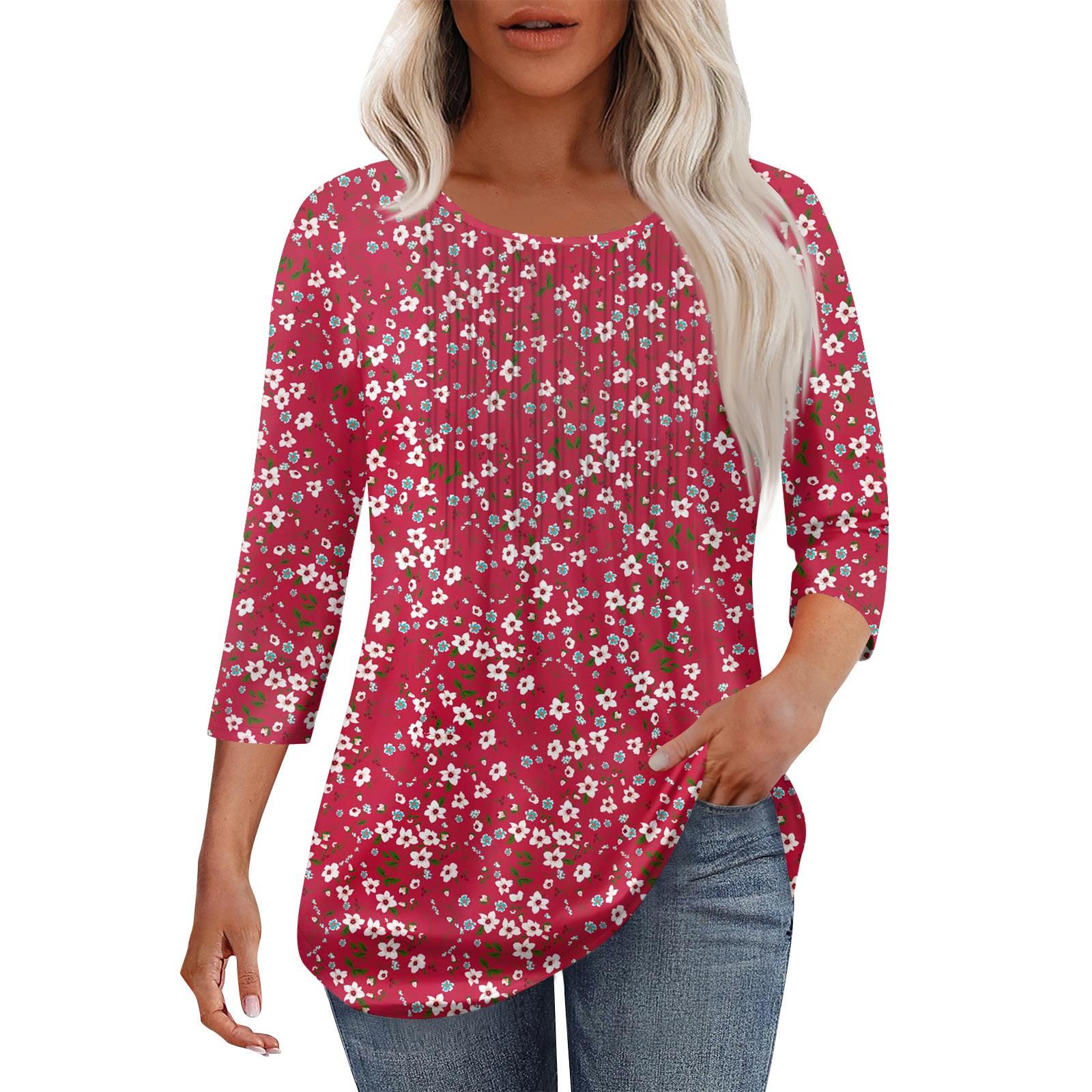 

Women s Fashionable Casual Pleated Round Neck Casual Floral Print Seven Quarter Sleeved T-shirt Top S винний