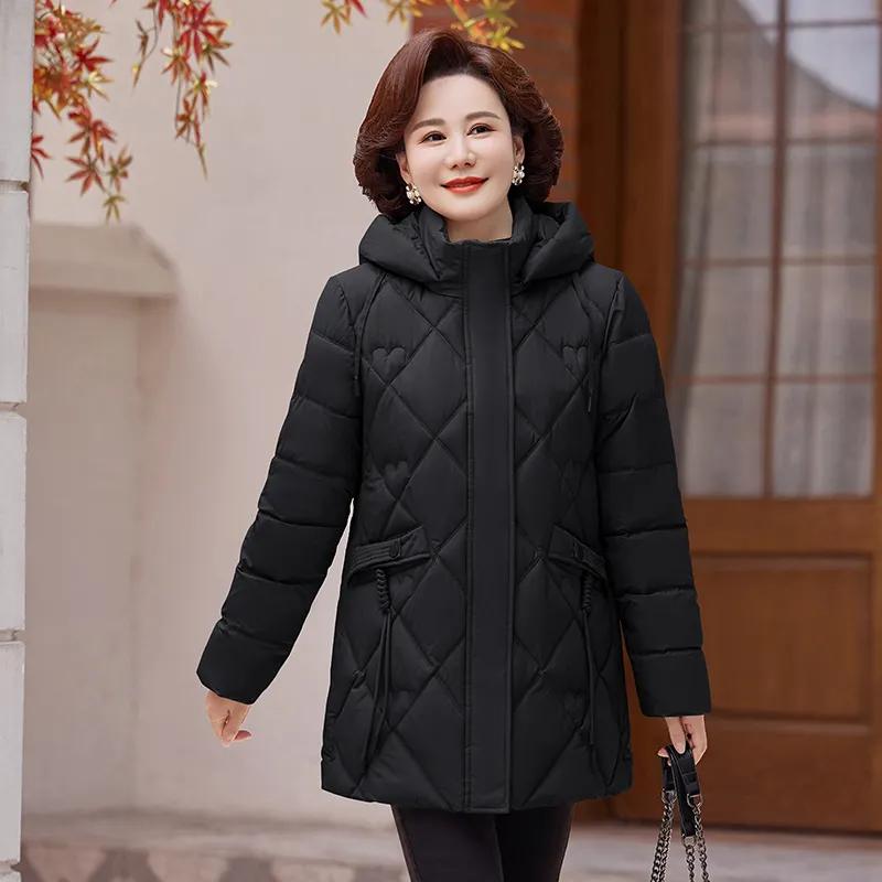 

Зимняя женская длинная куртка, пальто для женщин среднего возраста, с капюшоном, элегантная, толстая, теплая, зимние парки, свободная верхняя одежда, женские куртки XXL
