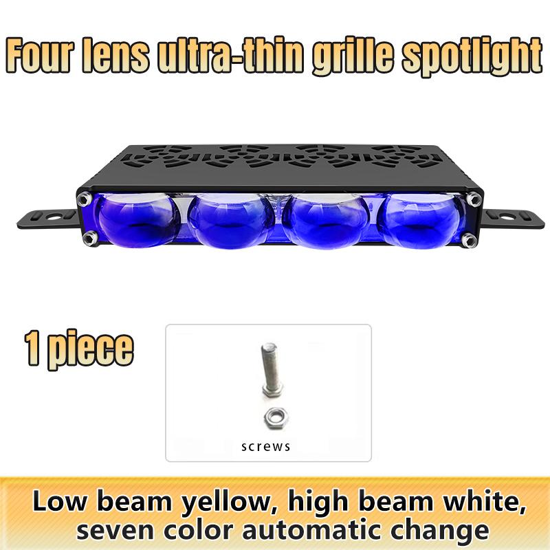 

4-линзовый светодиодный свет для передней решетки автомобиля с дальним/ближним светом, желтый/белый, RGB ДХО и синяя линза, прожекторная противотуманная фара для автомобиля, мотоцикла, 4x4, 12В, 24В 1PCS разноцветный
