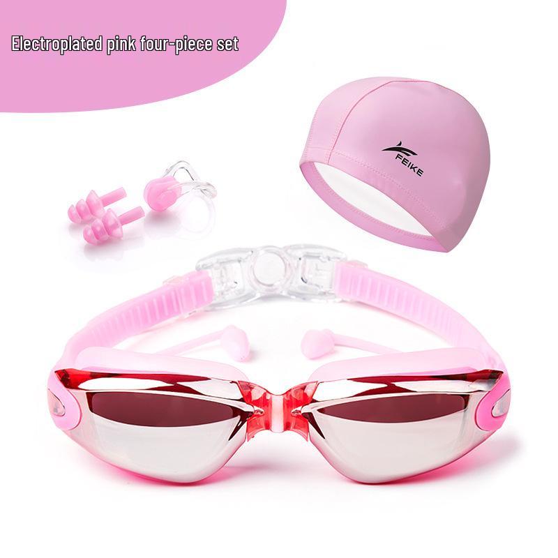 Fike High-Definition Waterproof Anti-Fog Swimming Goggles Set with Swim Cap, Large Plated Frame, Unisex