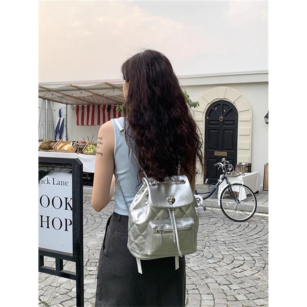 

Сумка через плечо Tide Cool Silver Double Bag Tide Small Fragrant Wind Diamond Lattice Backpack Универсальная дорожная сумка через плечо серебряный