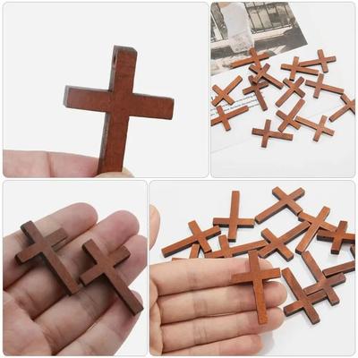 50pcs Portable Wooden Crosses Pendant Lightweight DIY Wood Cross Charms Pendant with Chains Handheld Christian Hanging Ornament