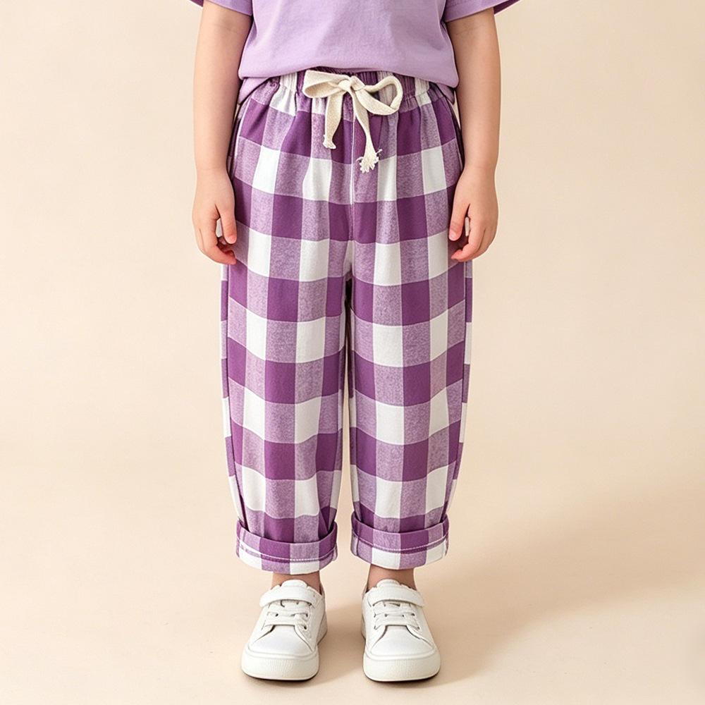 Children's Pant Spring Summer Vintage Casual Baggy Plaid Pants for Kids Girls Boys Trousers