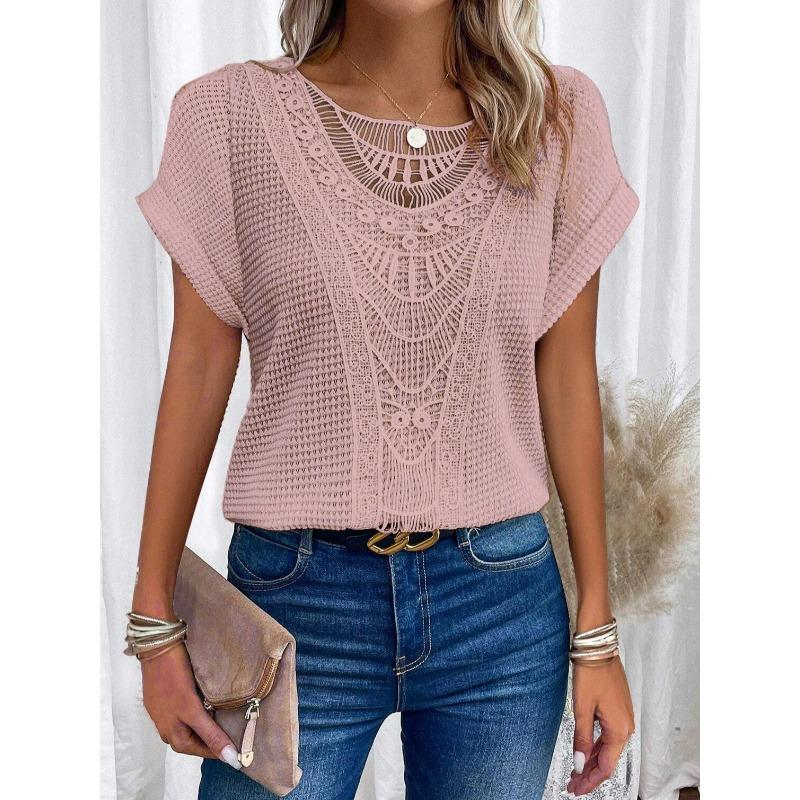Lace Splicing Crew Neck T-shirt, Casual Short Sleeve Top For Spring & Summer, Women's Clothing