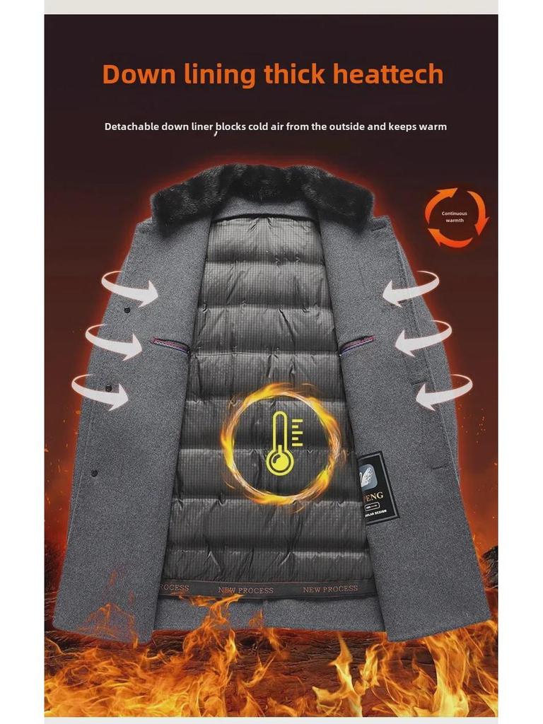 Men's Mink Fur Tunic Suit: Stand Collar, Detachable Goose Down Lining, Double-Sided Wool, Mid-Length Winter Coat