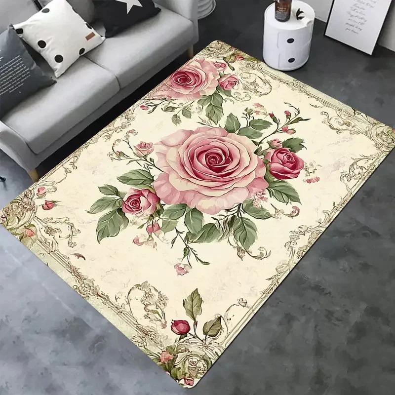 Rose Floral Carpet Mat Rug with Vintage Border Pattern Soft Classic Home Decoration Living Room Bedroom Indoor Decorative Rug