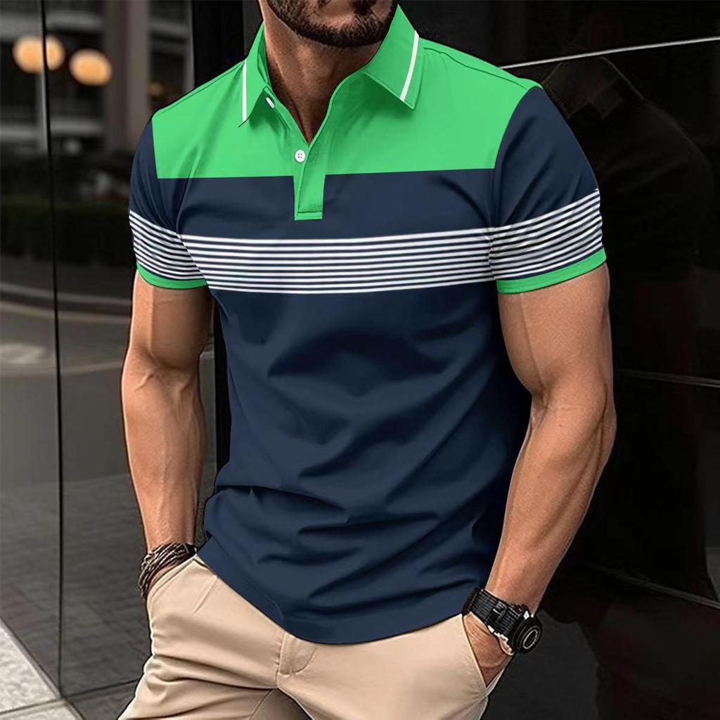 New Men's Casual POLO Shirt Lapel Buttons Business Stripes Versatile Fashion T-shirt Loose Tops