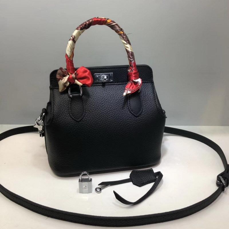 

New s First-layer Cowhide Lychee Pattern Skin Milk Bag Box Portable Single-shoulder Diagonal Leather Women s Large size: 26x24x15CM чёрный