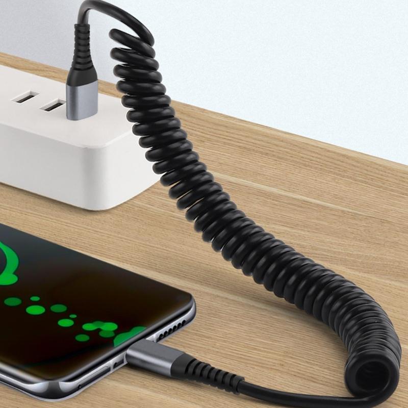 Coiled USB to USB C Cable Fast Charger Cord Retractable USB to USB C Coiled Cable Easy to Carry Charger for Smartphone