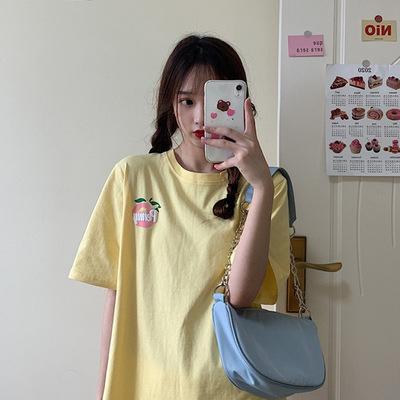 New Summer Loose Korean Version of Peach Letter Printing Simple Medium and Long Short-sleeved T-shirt Top Women's Trend
