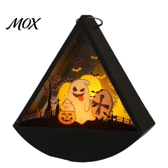 Halloween Gift for Kids Triangle LED Lantern, Tumbler Shape Night Light with Witch Ghost Paper Carving Silhouette Lights Pumpkin, Battery Operated