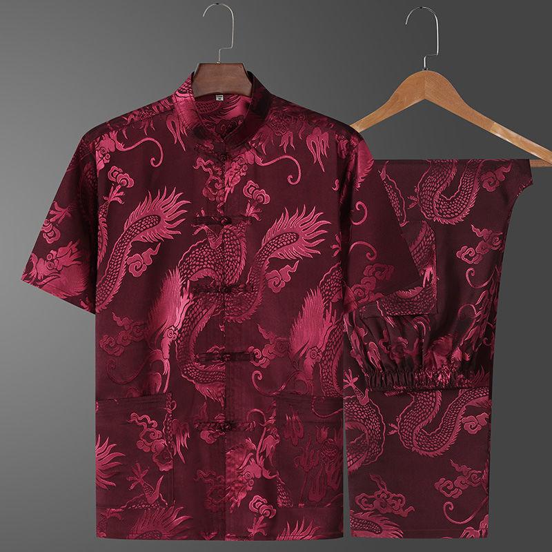 Chinese Stand Collar Tang Suit Men Short Sleeve Vintage Hanfu Clothing Hand Button Cheongsam Casual Dragon Kong Fu Clothes