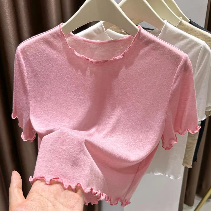 Women White Ruffle Cropped Slim Casual Short Sleeve T Shirt Top