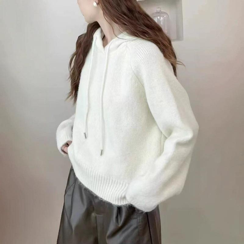 Korean Design Sense Drawstring Hooded Sweater Women's Autumn and Winter New Solid Color Versatile Casual and Thin Pullover Knitted Sweater Women