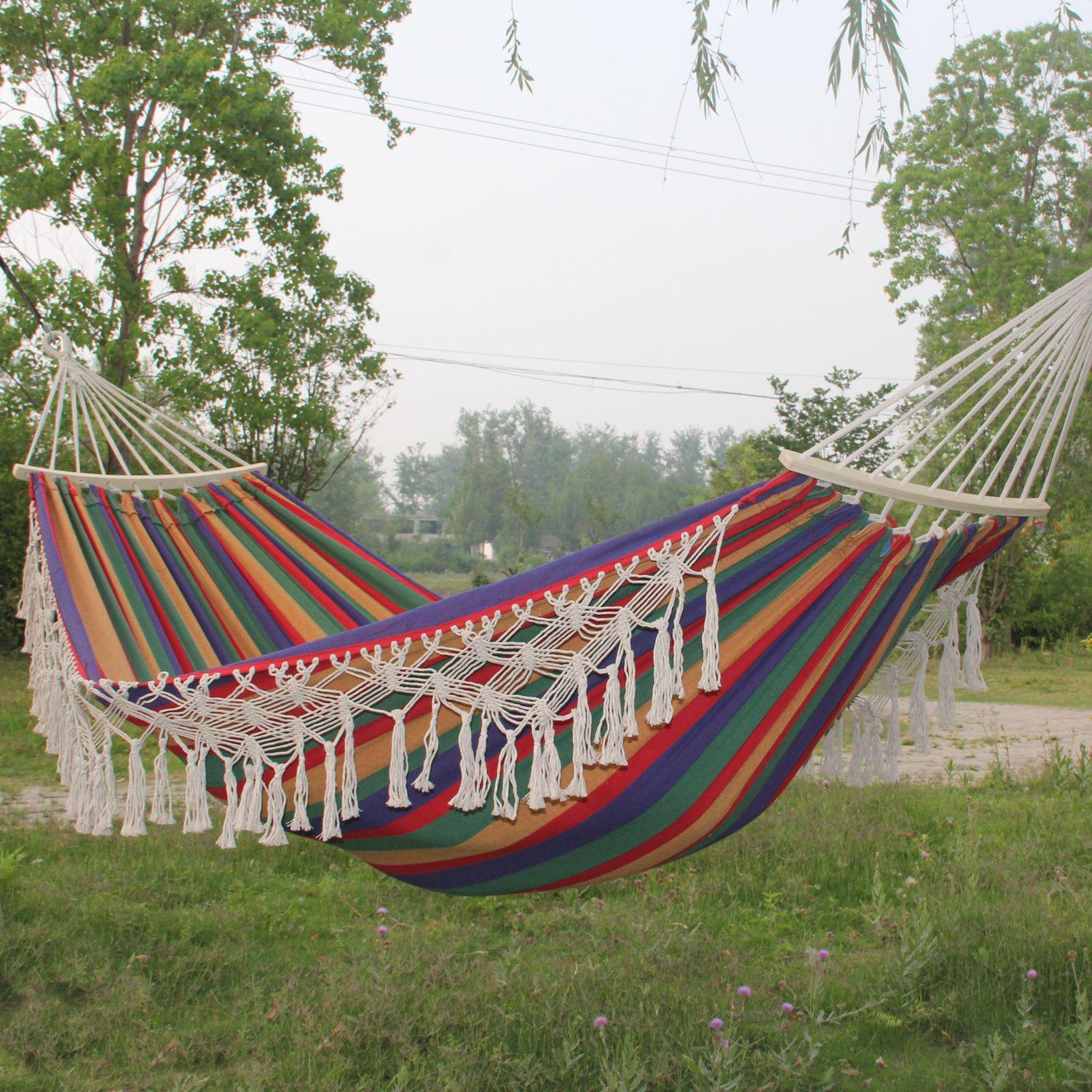 Bohemian Double Person Tassel Hammock with Wooden Poles