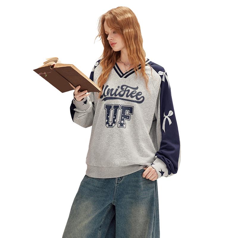 

UNIFREE Women s American Retro Color-block V-Neck Sweatshirt L