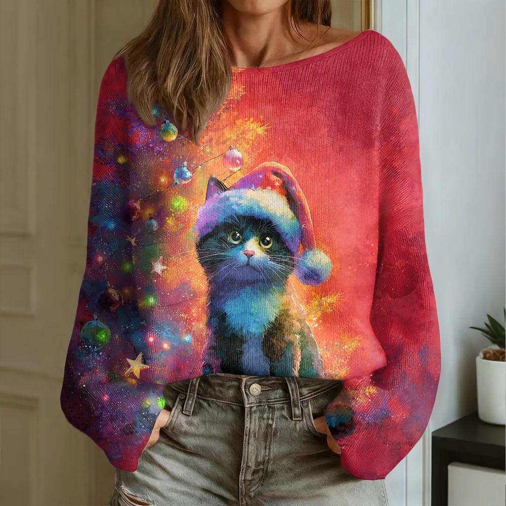 Women's Fashion Round Neck Long Sleeve Christmas Print Casual Pullover Sweater Top