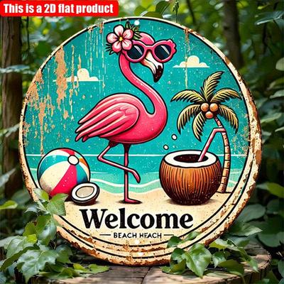 2D flach 20*20cm 1Stück Willkommen Schöner Rosa Flamingo & Kokosnuss Muster Runder Holz Hängeschild, tropischer Strandstil Willkommen Kunstplakette, Geeignet