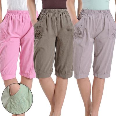 De vârstă mijlocie și vârstnici de vară cu talie elastică pantaloni drepți pentru femei cu talie înaltă Pantaloni tăiați din bumbac spălat de dimensiuni mari