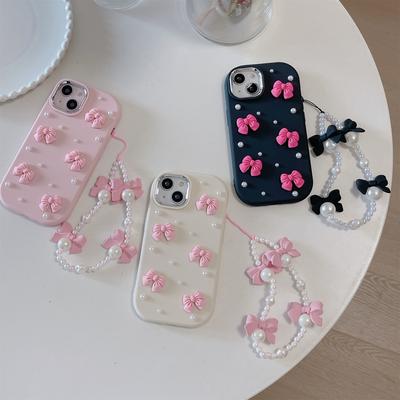 Etui na telefon z motywem stereoskopowej kokardy z perłą dla iPhone'a 15 14 13 12 11 Pro Max All-inclusive śliczne etui na telefon z TPU z łańcuchem