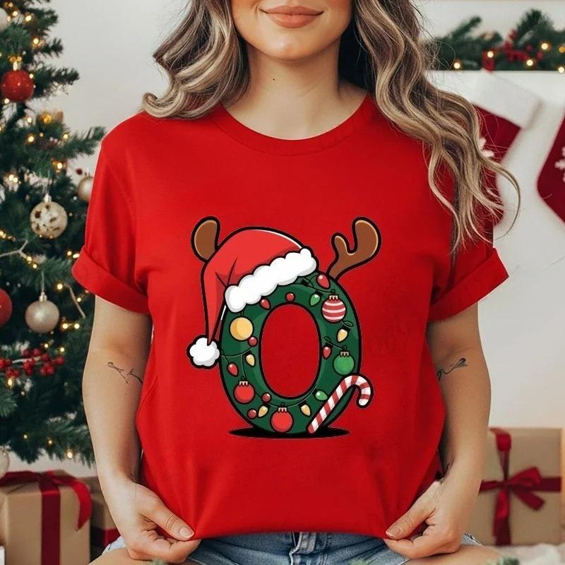Festive Christmas Alphabet Letter Santa Hat Print Tshirt for Women Fashion T Shirt Streetwear Female Clothes Casual clothing