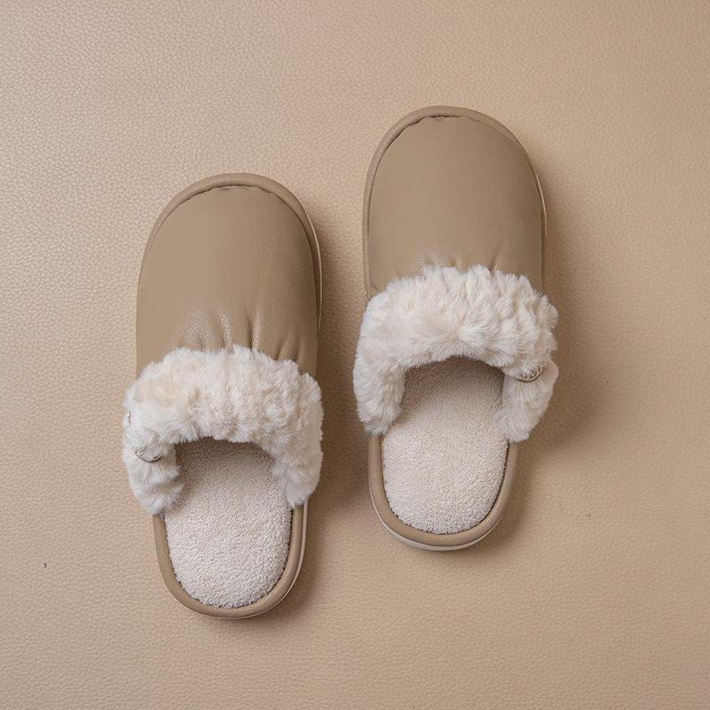 Women's & Men's Waterproof PU Leather Fur Slippers: Non-Slip, Warm, Indoor Cotton with Soft Sole for Autumn & Winter