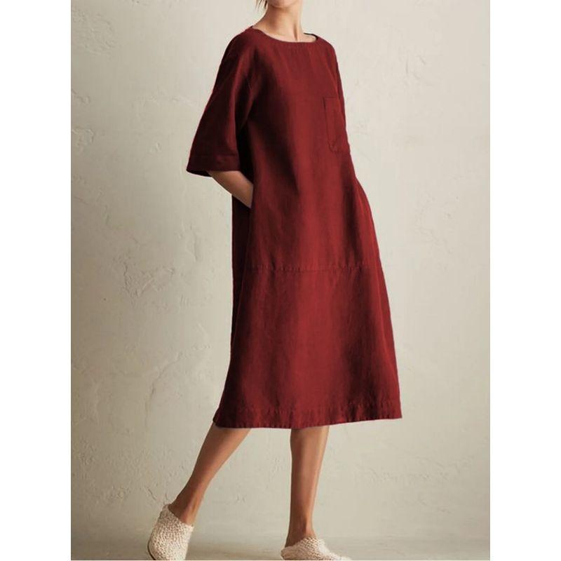 

Loose round-Neck Solid-Color Dress Fashion Loose Pocket round Neck Solid Dress Burgundy XL