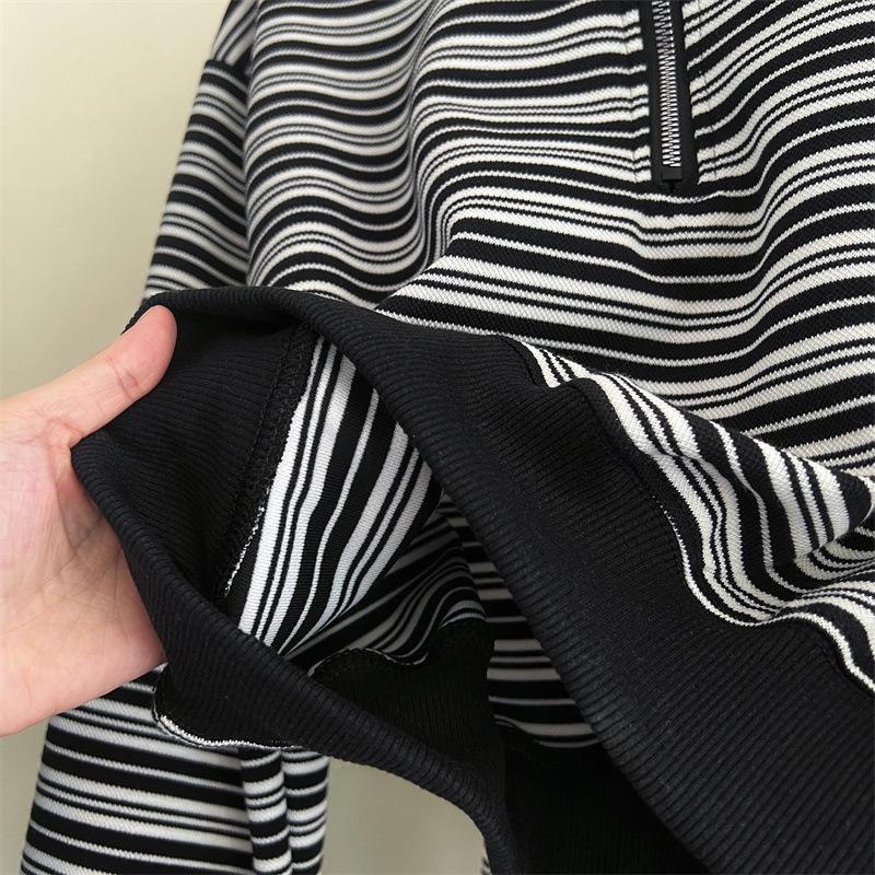 Women's Striped Half-Zip Cropped Hoodie - 2023 Autumn/Winter Long-Sleeve Loose Casual Top