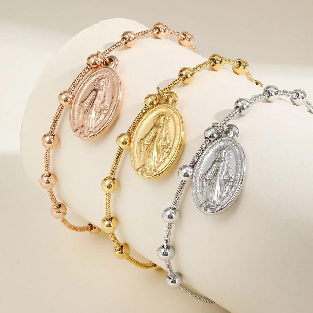 Holy Rosary Cross Beaded Bracelets for Women, Snake Chain Vintage Minimalist Charm Bracelets, Stainless Steel Jewelry Gifts